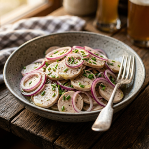 Weißwurstsalat selber machen: Das bayerische Original-Rezept 1 Weißwurstsalat selber machen – original bayerischer Wurstsalat mit Weißwurst, roten Zwiebeln und würzigem Dressing
