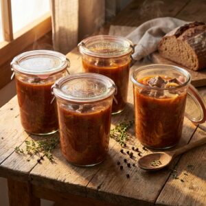 Fleisch Einkochen: Die komplette Anleitung + Rezept | Schritt für Schritt 1 Fleisch Einkochen: Rindergulasch in Gläsern mit Zutaten und Einkochtopf