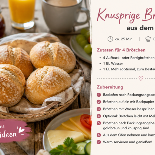 Frühstück Ideen: Knusprige Airfryer-Brötchen wie vom Bäcker 1 Knusprige Aufbackbrötchen als einfache Frühstück Ideen, goldbraun gebacken und mit Mehl bestäubt auf einem rustikalen Frühstückstisch.
