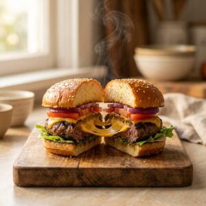 Burger Rezept: Das beste Burger Rezept für saftige Patties wie vom Foodtruck 1 Top-down flat lay photo of a rustic burger board: one fully assembled gourmet cheeseburger with melted cheese dripping down the side, crispy golden fries scattered beside it, a small bowl of dipping sauce, pickles, and a cold drink with condensation. Natural daylight, moody rustic wooden table, shallow shadows, ultra realistic food photography, high detail, no text.