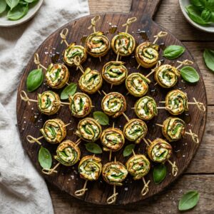 Fingerfood Rezepte Schnell: Die besten Ideen für dein Buffet 1 Fingerfood Rezepte Schnell: Knusprige Zucchini-Röllchen mit Frischkäse und Basilikum auf einem Holzbrett