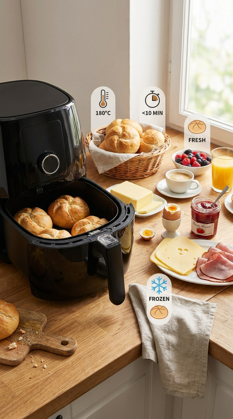 Frühstück Ideen: Knusprige Airfryer-Brötchen wie vom Bäcker 2 Knusprige Brötchen aus der Heißluftfritteuse als schnelle Frühstück Idee mit Ei, Käse, Schinken, Butter und Marmelade