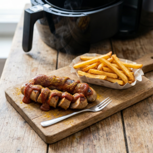 Deutsches Street Food zu Hause: Das ultimative Airfryer-Currywurst-Rezept 1 Airfryer Currywurst deutsches Street Food Rezept mit Curry-Ketchup und Pommes