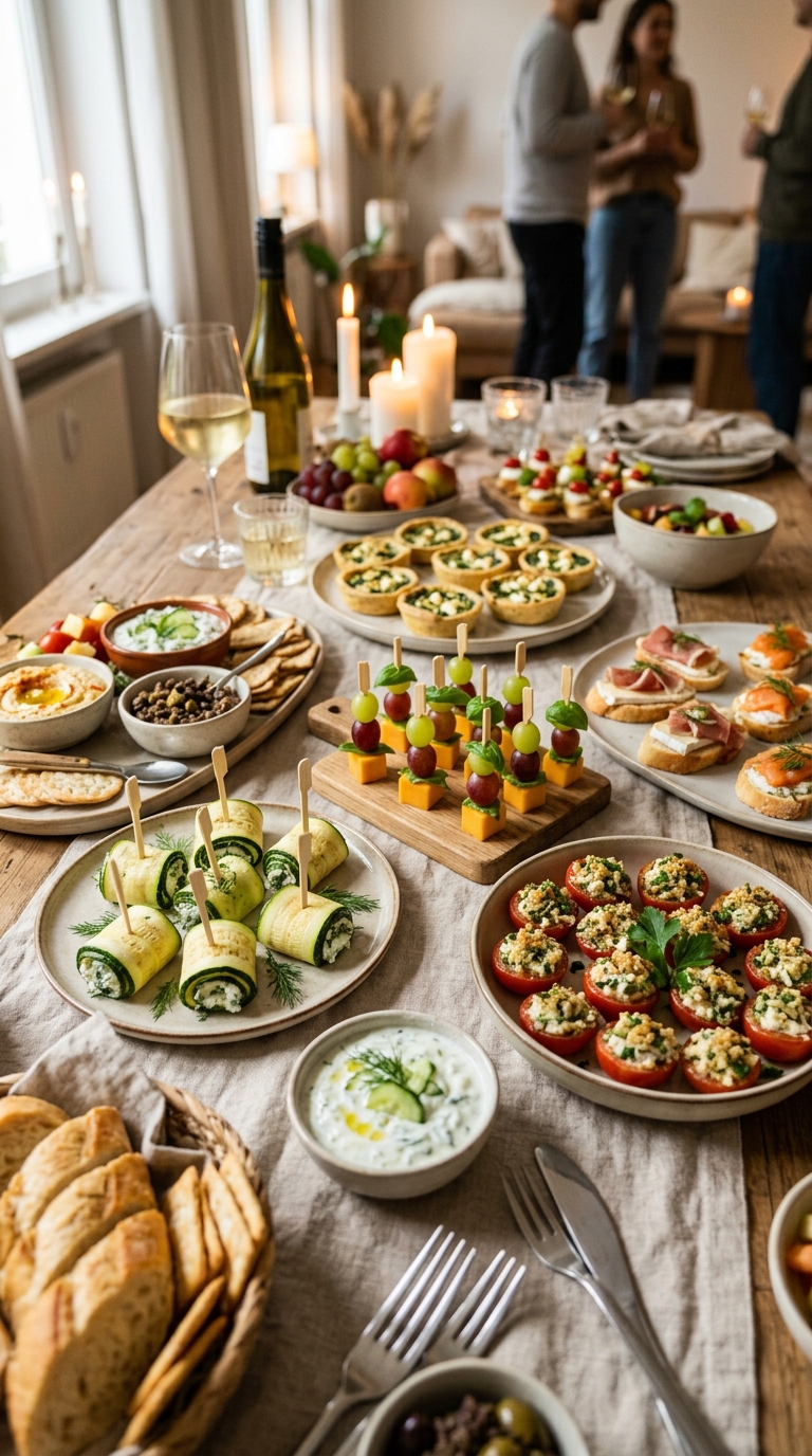 Fingerfood Rezepte Schnell: Die besten Ideen für dein Buffet 2 Fingerfood Rezepte Schnell: Knusprige Zucchini-Röllchen mit Frischkäse und Basilikum auf einem Holzbrett