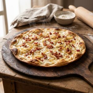 Flammkuchenteig Rezept – Das beste original Flammkuchenteig Rezept für knusprigen Flammkuchen 1 Flammkuchenteig Rezept – hauchdünner, knuspriger Flammkuchen mit Schmand, Zwiebeln und Speck, original elsässisch zubereitet