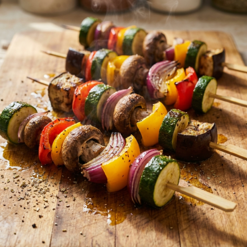 Airfryer Gemüsespieße: Das ultimative Rezept für knackig- 1 Airfryer Gemüsespieße mit Zucchini, Paprika, Zwiebel und Champignons frisch aus der Heißluftfritteuse auf einem Holzbrett