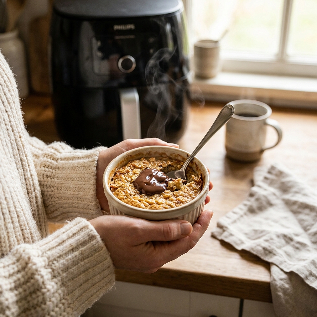 Baked Oats aus dem Airfryer: Das gesunde Frühstücks-Rezept, das gerade jeder in Deutschland kocht 1 Hands holding baked oats 202608022126