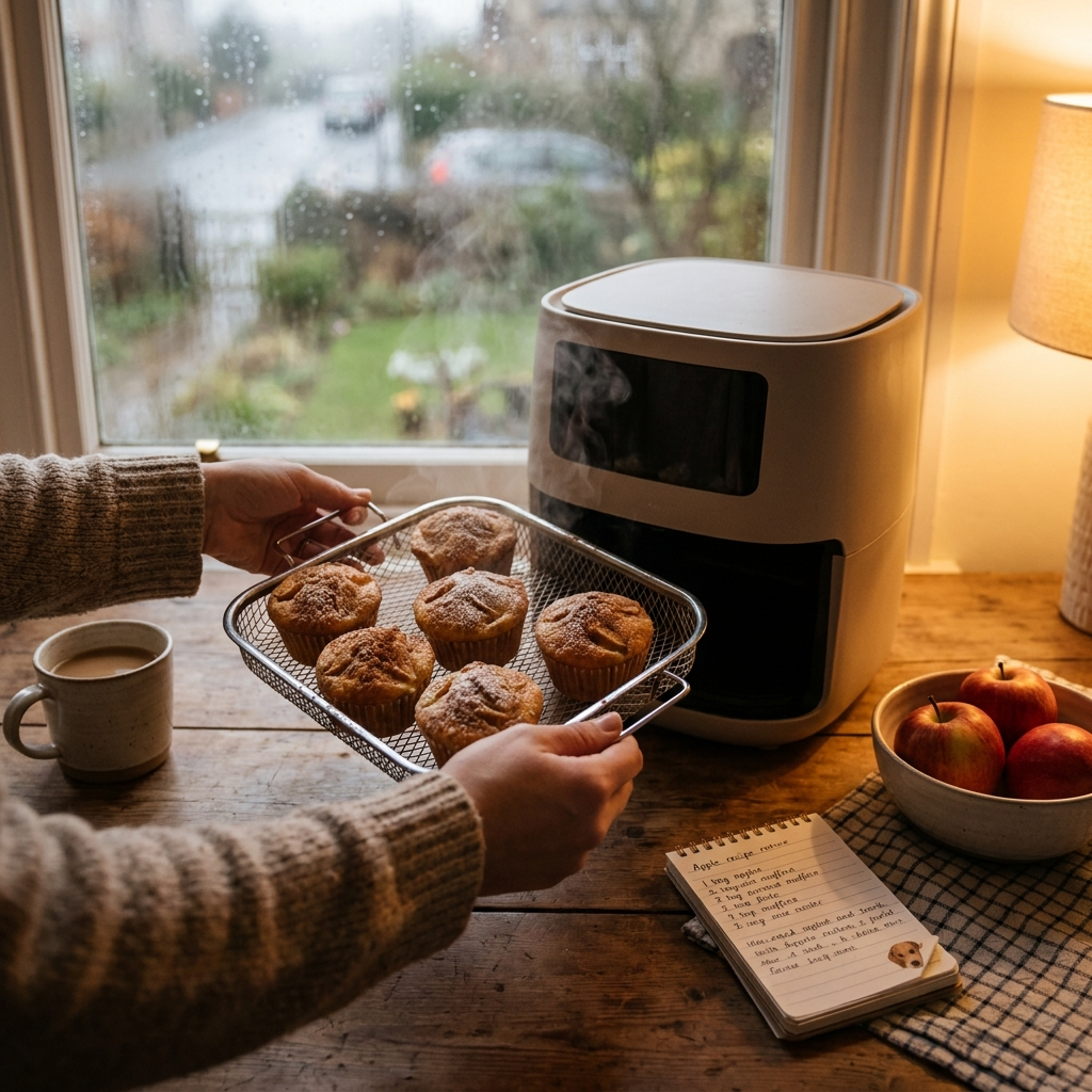 Apfelmuffins Airfryer: Das beste Rezept für saftige Apfelmuffins aus der Heißluftfritteuse 1 Hands pulling muffins from fryer 202608100546