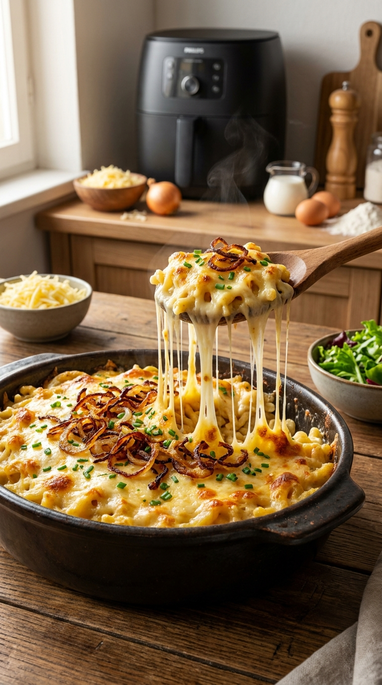 Käsespätzle Rezept aus der Heißluftfritteuse: cremig, fadenziehend und in 25 Minuten auf dem Tisch 1 Käsespätzle Rezept aus der Heißluftfritteuse mit cremigem Käse, goldbrauner Kruste und knusprigen Röstzwiebeln