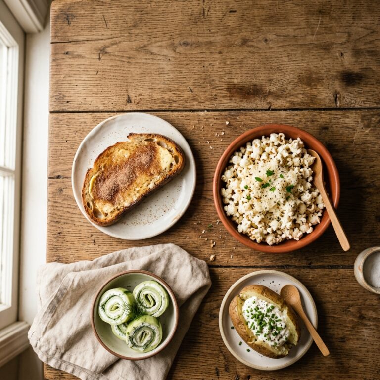 Einfache Snacks: 25+ schnelle & yummy Ideen für jeden Tag | Easy Snacks Guide 3 Easy snacks assortment on a wooden table – toast, popcorn, cucumber rolls and stuffed potato