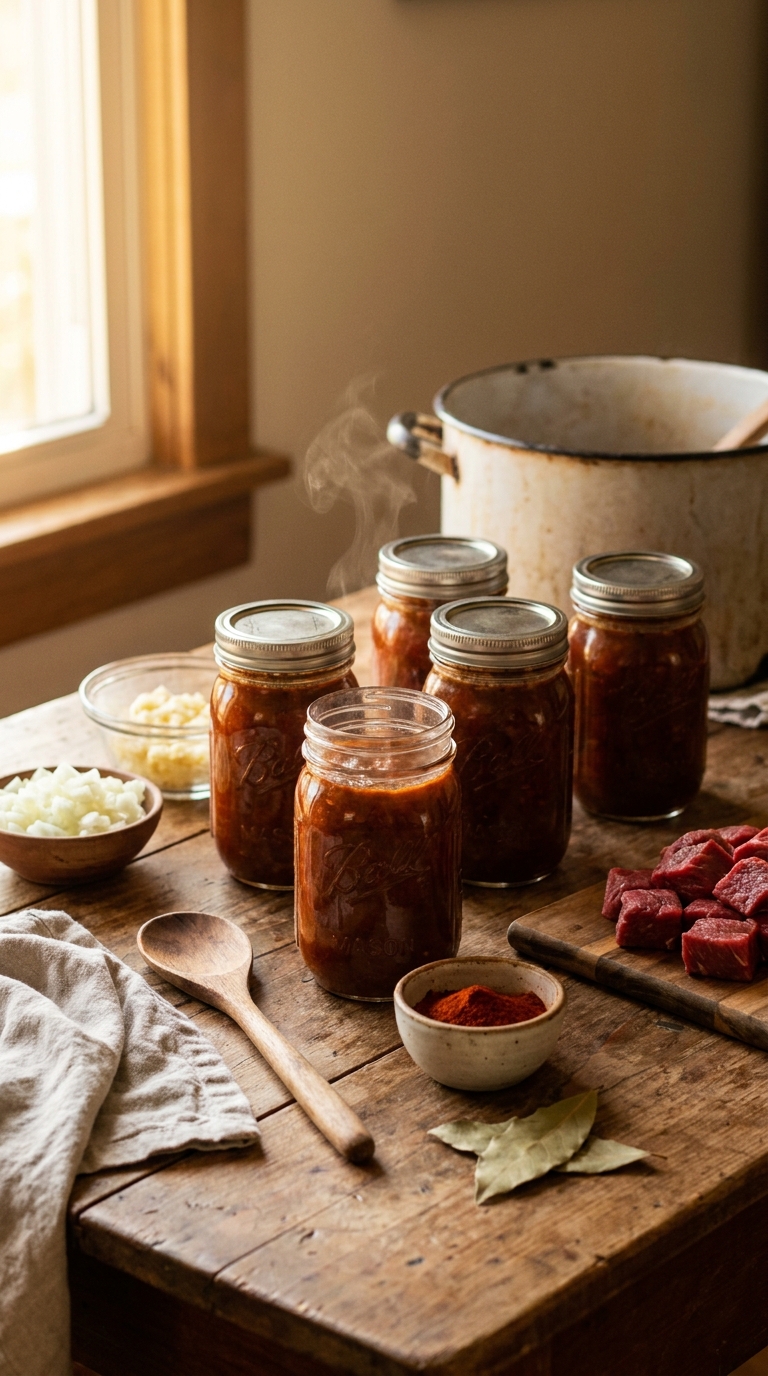 Fleisch Einkochen: Die komplette Anleitung + Rezept | Schritt für Schritt 1 Fleisch Einkochen: Rindergulasch in Gläsern mit Zutaten und Einkochtopf
