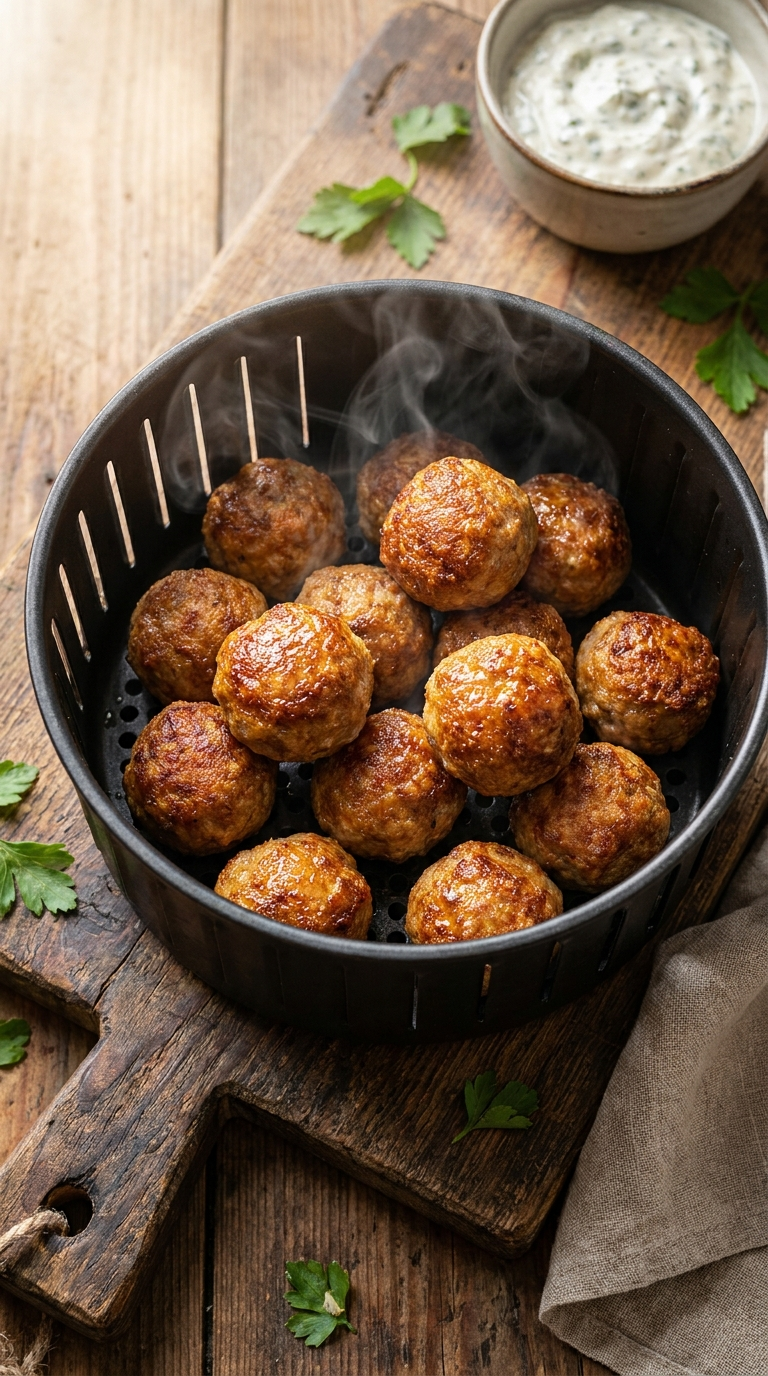 Fleischbällchen Airfryer: Das knusprige Rezept, das wirklich jedes Mal klappt 2 Knusprige Fleischbällchen Airfryer frisch aus der Heißluftfritteuse im Korb