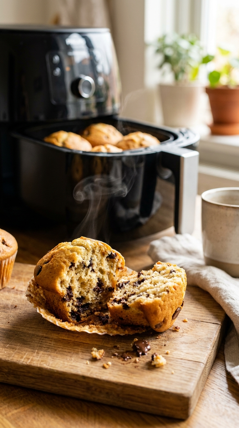 Muffins Rezept Saftig aus dem Airfryer – So gelingen sie garantiert fluffig 3 Muffins Rezept saftig aus dem Airfryer – aufgeschnitten mit fluffiger Krume und Schokostückchen