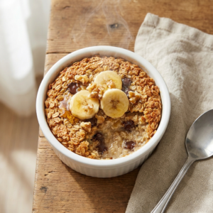 Baked Oats aus dem Airfryer: Das gesunde Frühstücks-Rezept, das gerade jeder in Deutschland kocht 2 Baked Oats aus dem Airfryer in einer weißen Auflaufform, garniert mit Banane, Schokostückchen und Honig