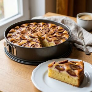 Pflaumenkuchen Rezept mit Schmandguss – Saftig, Einfach & Original wie bei Oma 1 Saftiger Pflaumenkuchen Rezept mit Schmandguss und frischen Pflaumen, serviert auf einem rustikalen Holztisch