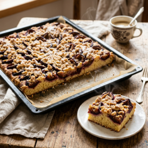 Zwetschgenkuchen mit Streusel Hefeteig – Omas bestes Rezept zum Nachbacken 1 Zwetschgenkuchen mit Streusel Hefeteig auf einem Blech, mit goldbraunen Streuseln und saftigen Zwetschgen