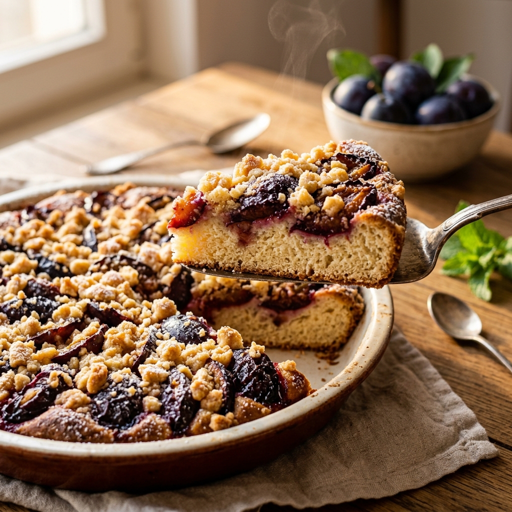 Pflaumenkuchen Rezept: Der beste Pflaumenkuchen mit Hefeteig und Streusel 2 Plum cake slice lifted out 202608241228