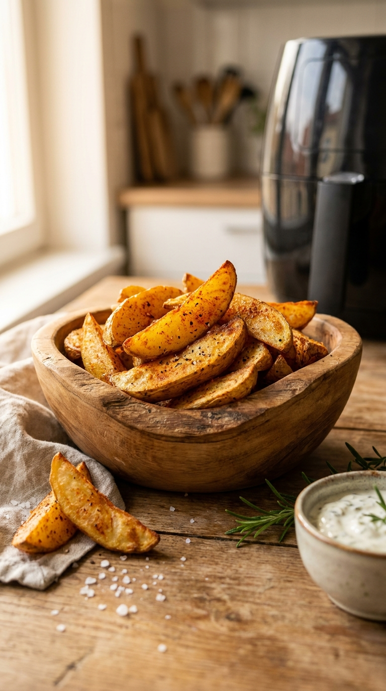 Kartoffelecken Airfryer: Das ultimative Rezept für perfekt knusprige Kartoffelecken 4 Kartoffelecken Airfryer knusprig und goldbraun serviert in rustikaler Schüssel