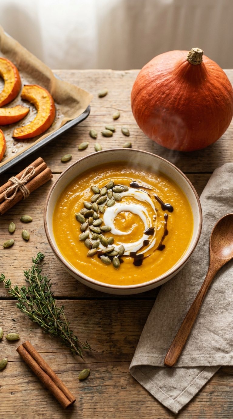 Kürbisrezept: Das ultimative Kürbisrezept für Herbst & Winter | Zubereitung, Tipps & Ideen 4 Kürbisrezept: Cremige Hokkaido-Kürbissuppe mit Kürbiskernen und Kokoscreme in rustikaler Schale