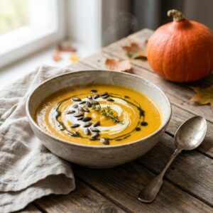 Kürbisrezept: Das ultimative Kürbisrezept für Herbst & Winter | Zubereitung, Tipps & Ideen 1 Kürbisrezept: Cremige Hokkaido-Kürbissuppe mit Kürbiskernen und Kokoscreme in rustikaler Schale