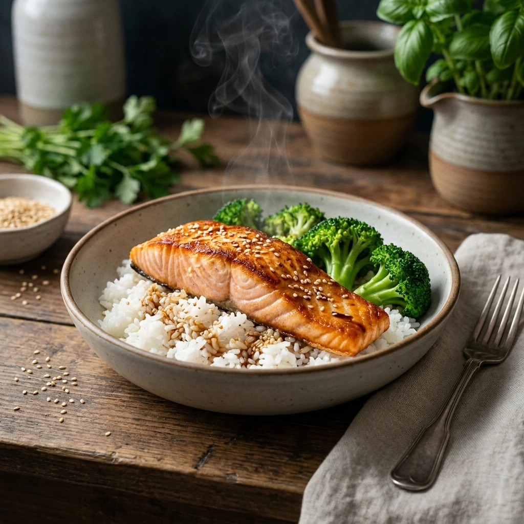 Rezepte High Protein: Der große Guide für proteinreiche Mahlzeiten 1 Salmon bowl on wooden table 202608191947
