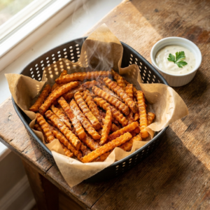 Süßkartoffel Pommes Airfryer: So werden sie garantiert knusprig 1 Knusprige Süßkartoffel Pommes aus dem Airfryer, goldbraun serviert mit Dip