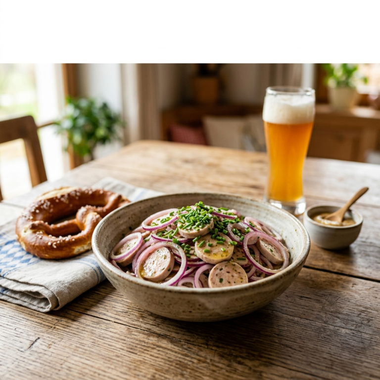 Weißwurstsalat selber machen: Das bayerische Original-Rezept 6 Weißwurstsalat selber machen – original bayerischer Wurstsalat mit Weißwurst, roten Zwiebeln und würzigem Dressing
