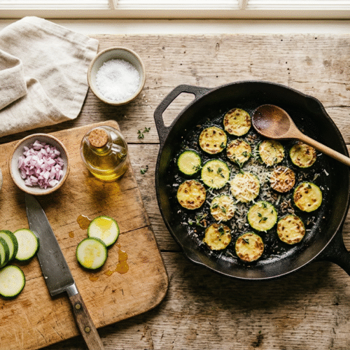 Gerichte mit Zucchini: Die besten Rezepte, Tipps & Ideen (2026) 2 Gerichte mit Zucchini: frisch geschnittene Zucchini, Knoblauch, Olivenöl und Thymian werden zu einem goldbraun gebratenen Zucchini-Gericht mit Parmesan zubereitet
