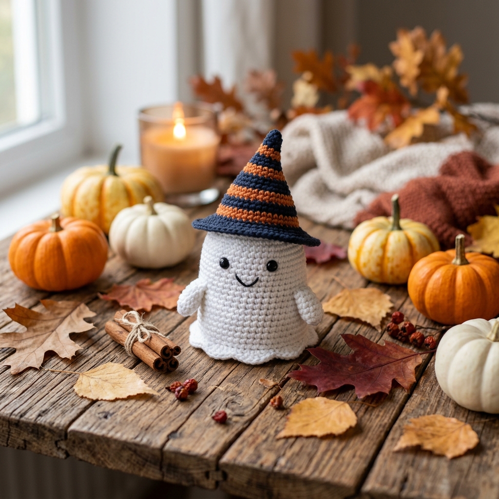 Kleiner Geist häkeln – Halloween häkeln kostenlos Deutsch Anleitung 3 Crochet ghost wearing witch hat 20260919155249