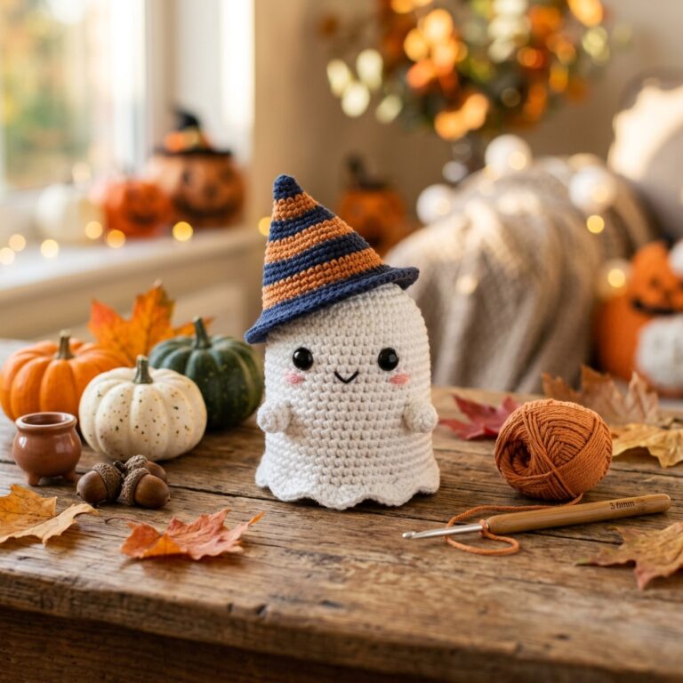 Kleiner Geist häkeln – Halloween häkeln kostenlos Deutsch Anleitung 2 Halloween häkeln kostenlos Deutsch - fertig gehäkelter Geist mit Hexenhut als kostenlose Amigurumi Anleitung