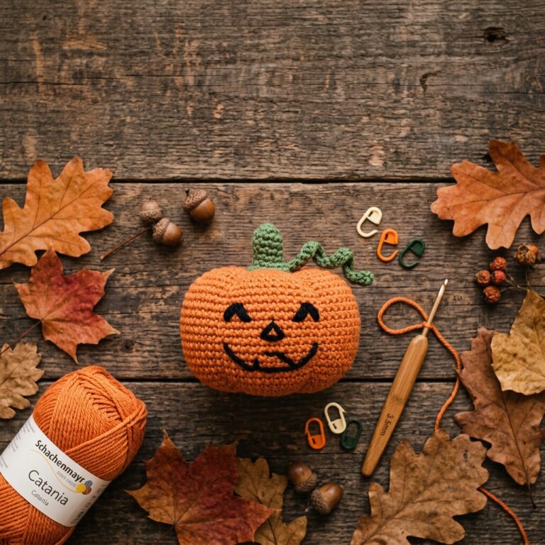 Häkeln Ideen Halloween: Süßer Amigurumi-Kürbis häkeln – kostenlose Anleitung 1 Häkeln Ideen Halloween: selbstgehäkelter Amigurumi-Kürbis mit Stiel und Gesicht als Deko-Idee
