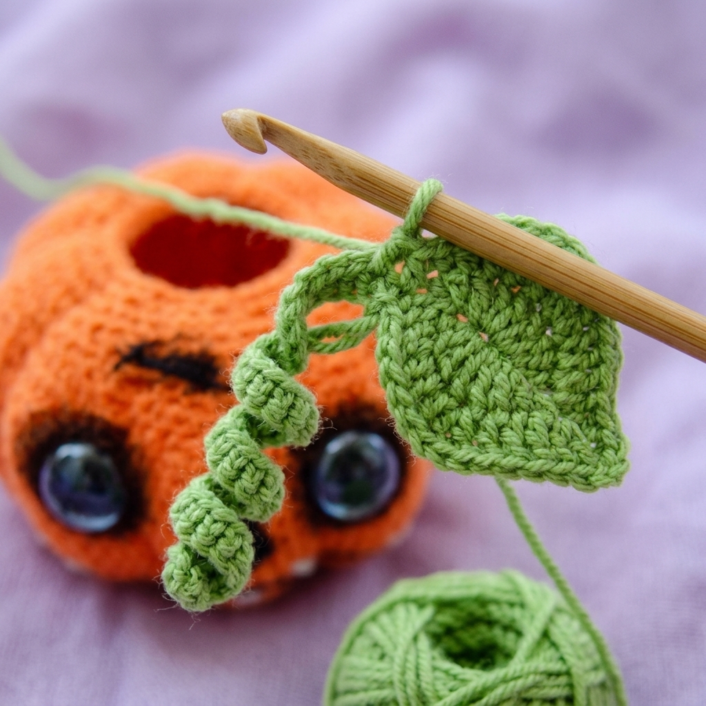 Häkeln Anleitung Kostenlos Deutsch: Süßer Halloween-Kürbis Amigurumi | Schritt-für-Schritt 3 Crocheting green leaf and vine 20260921161516