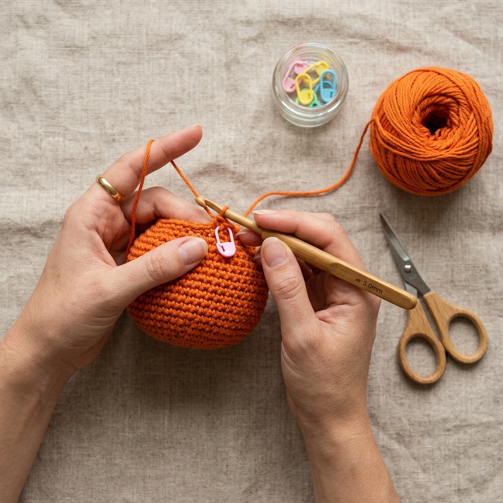 Häkeln Ideen Halloween: Süßer Amigurumi-Kürbis häkeln – kostenlose Anleitung 1 Crocheting orange amigurumi pumpkin 20260920063705