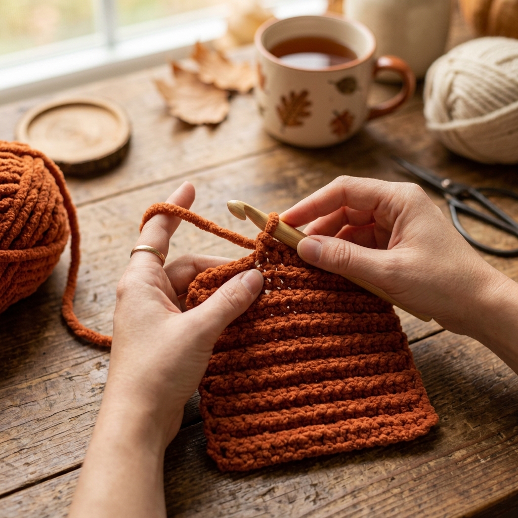 Häkeln Ideen Anfänger Halloween: Kürbis häkeln Anleitung 1 Hands crocheting orange yarn piece 20260919171339